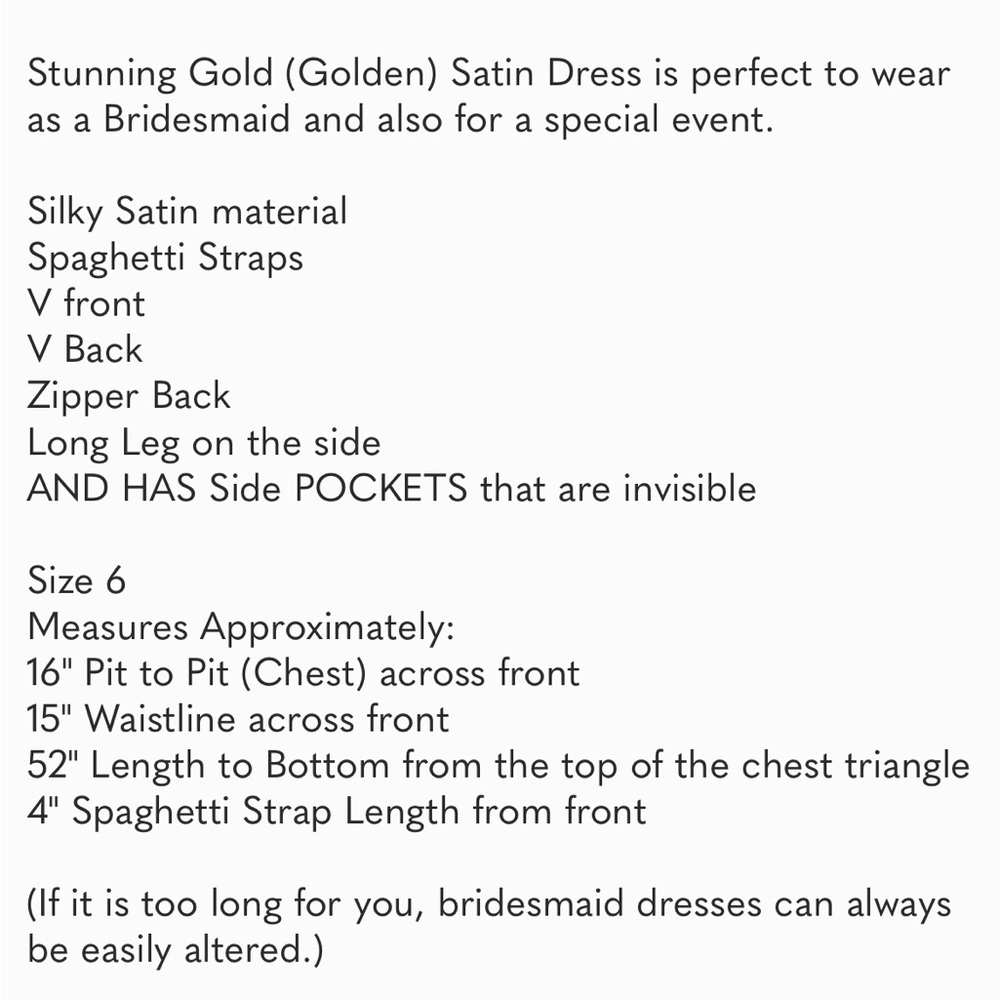 David's Bridal GOLDEN SATIN V-Neck Spaghetti Strap Formal Gown Event Maxi Dress - Picture 12 of 12